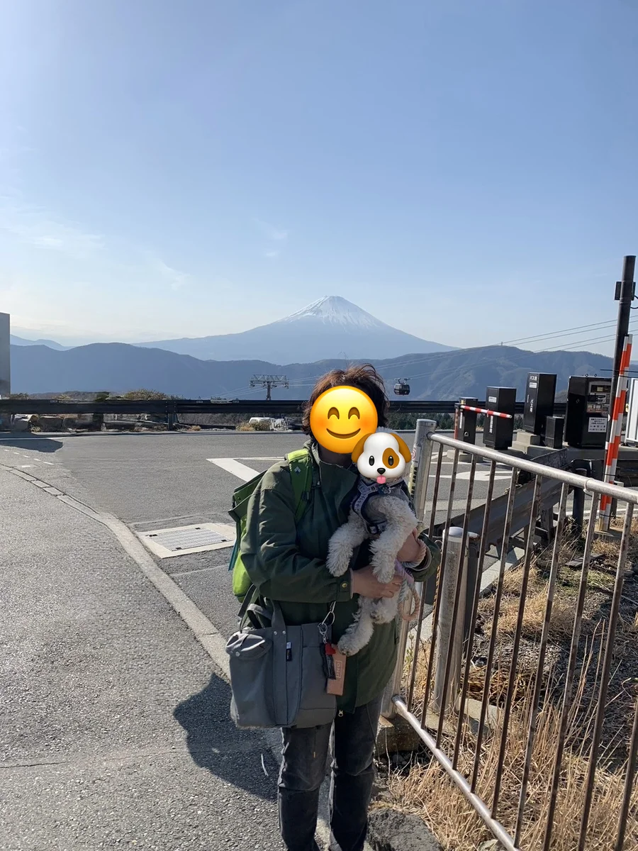 大涌谷で富士山を背にそらを抱っこする女性。空にはロープウェイのゴンドラ