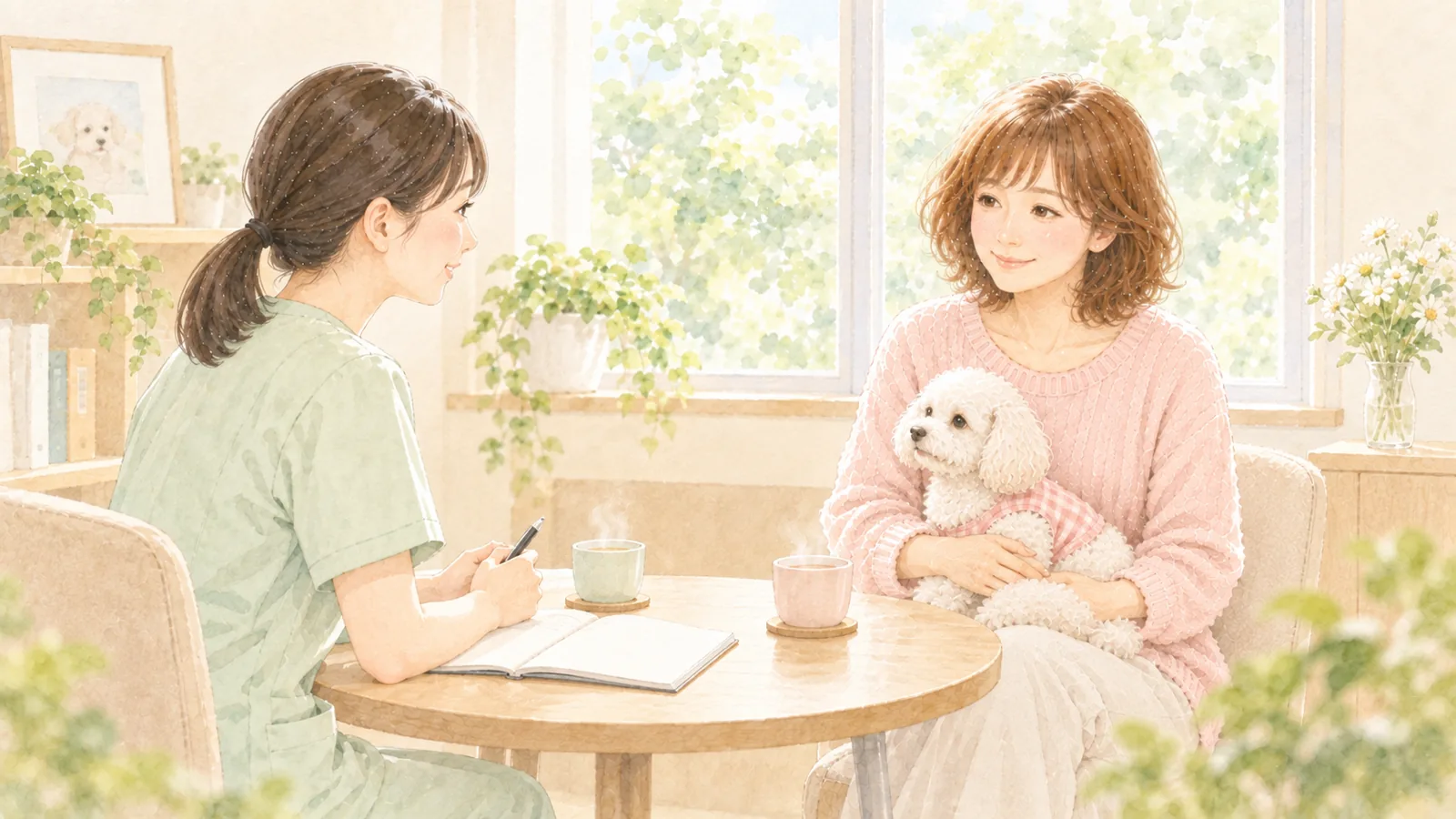 動物病院の明るい相談室で、看護師さんに留守番の悩みを話す女性と、ひざの上の白いトイプードル