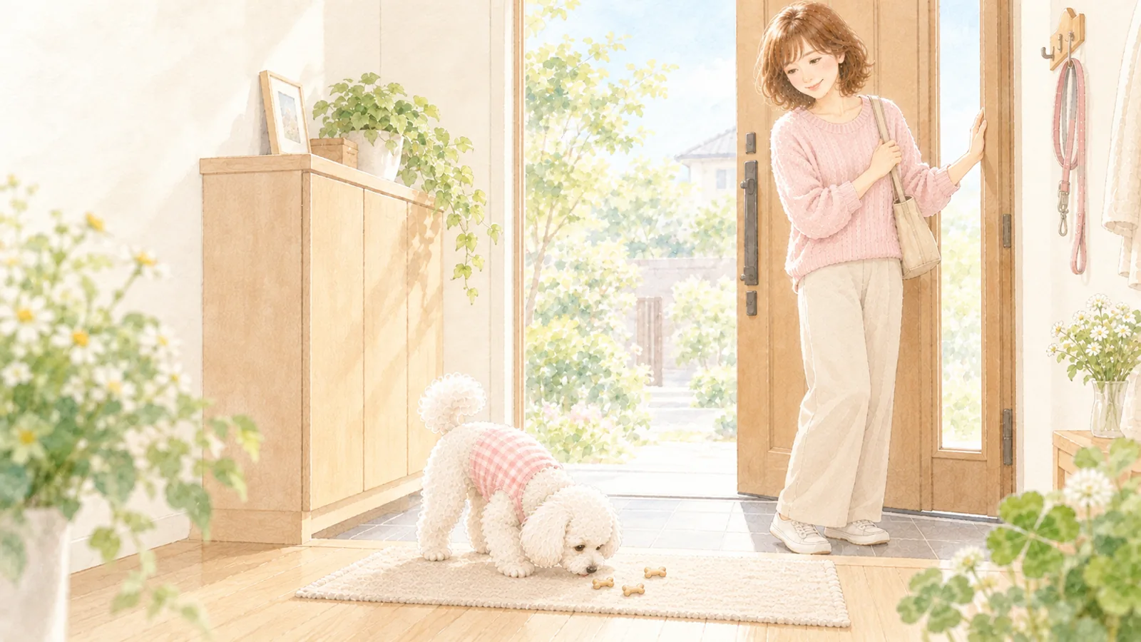 玄関のドアを開けて出かける女性と、床にまいたおやつに夢中な白いトイプードル
