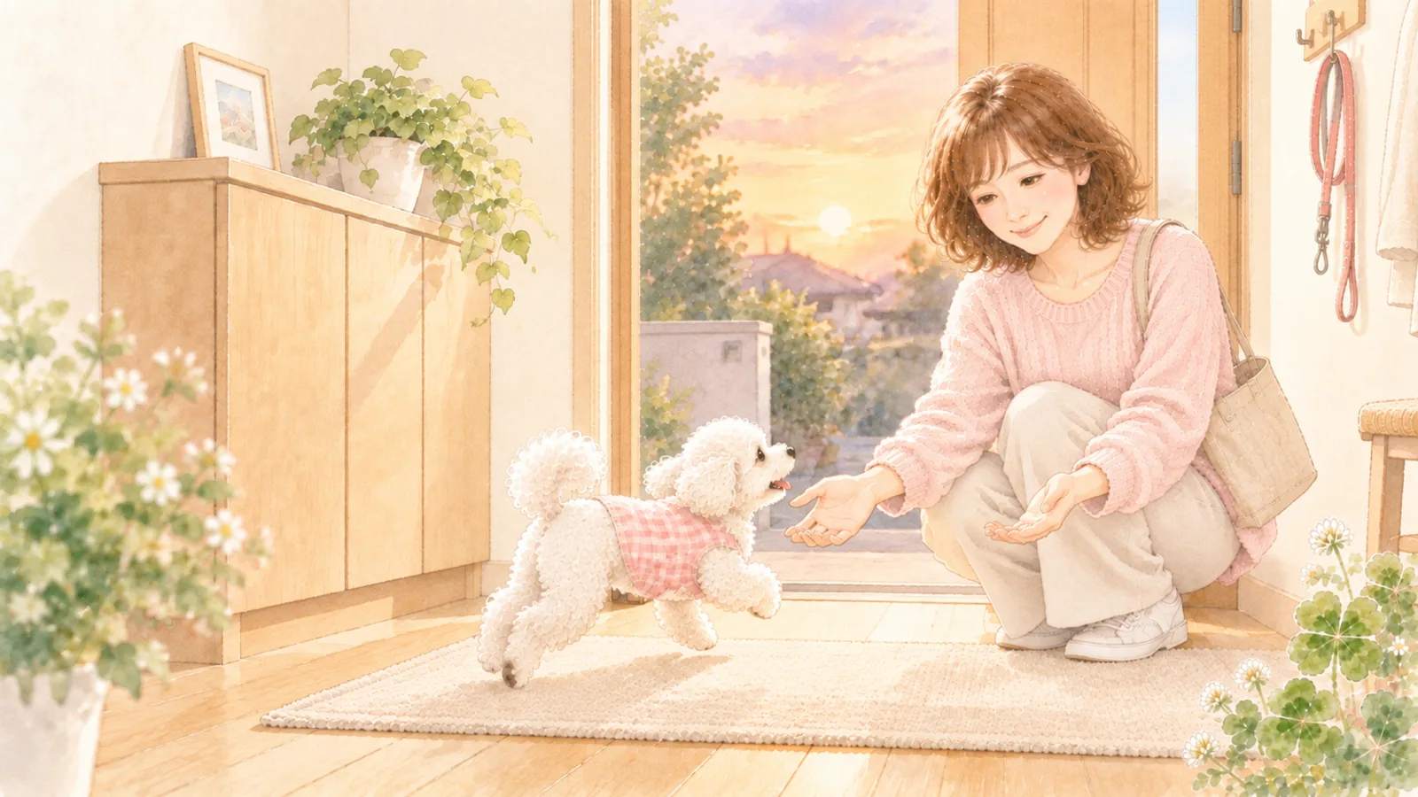 夕方の玄関で、帰宅した女性にうれしそうに駆け寄る白いトイプードル