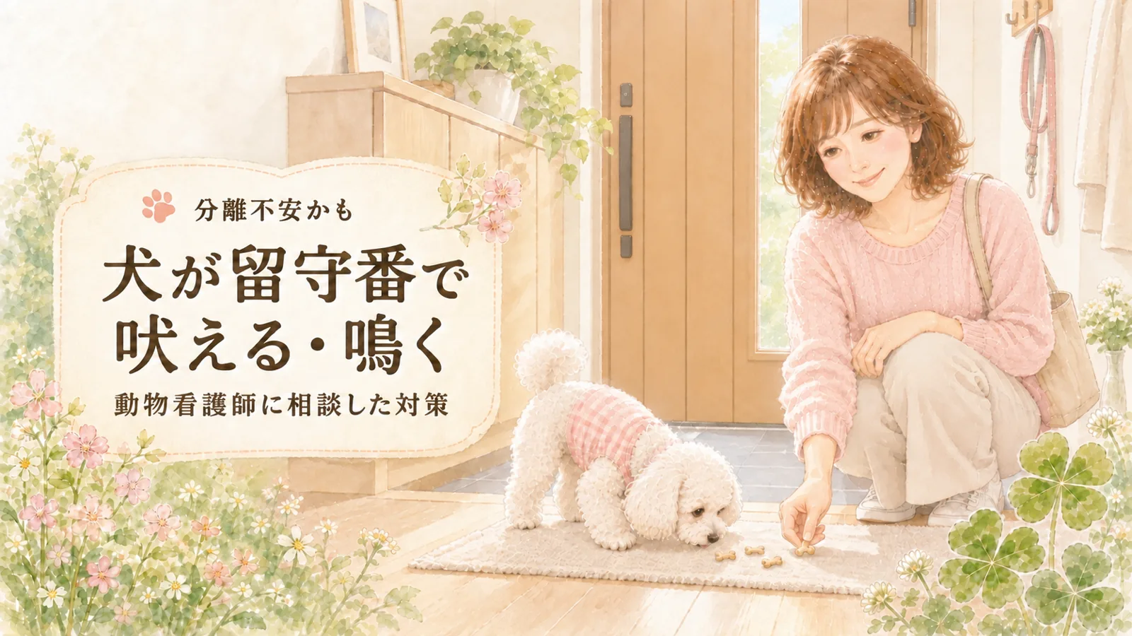 玄関でおやつをまく飼い主と、おやつに夢中な白いトイプードル