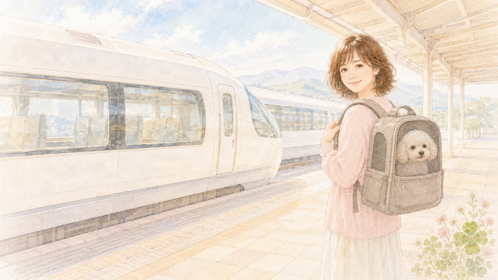 駅のホームで、犬用リュックキャリーを背負って特急列車を待つ女性と、メッシュ窓から見える白いトイプードル