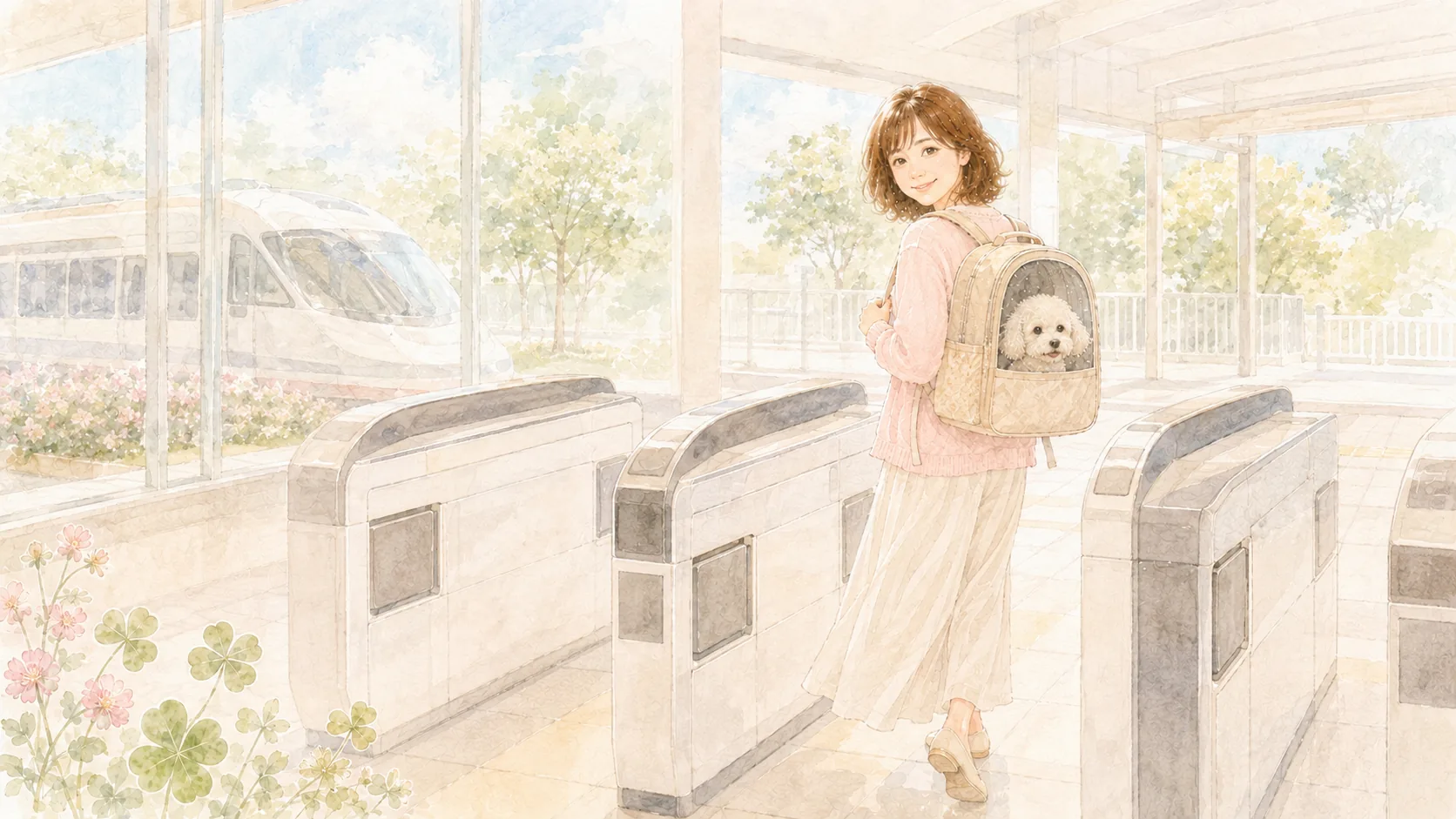 犬用リュックキャリーを背負って、駅の改札をそのまま通り抜ける女性