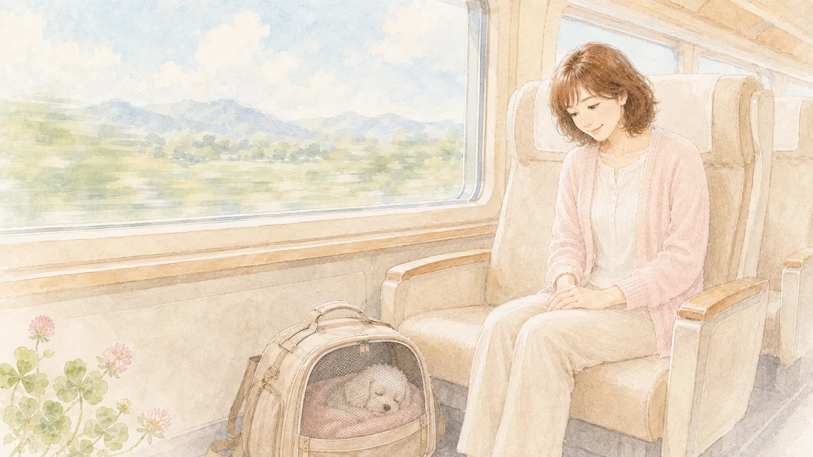 特急列車の窓側の席にすわる女性と、足元の床のキャリーでタオルにくるまって眠る白いトイプードル
