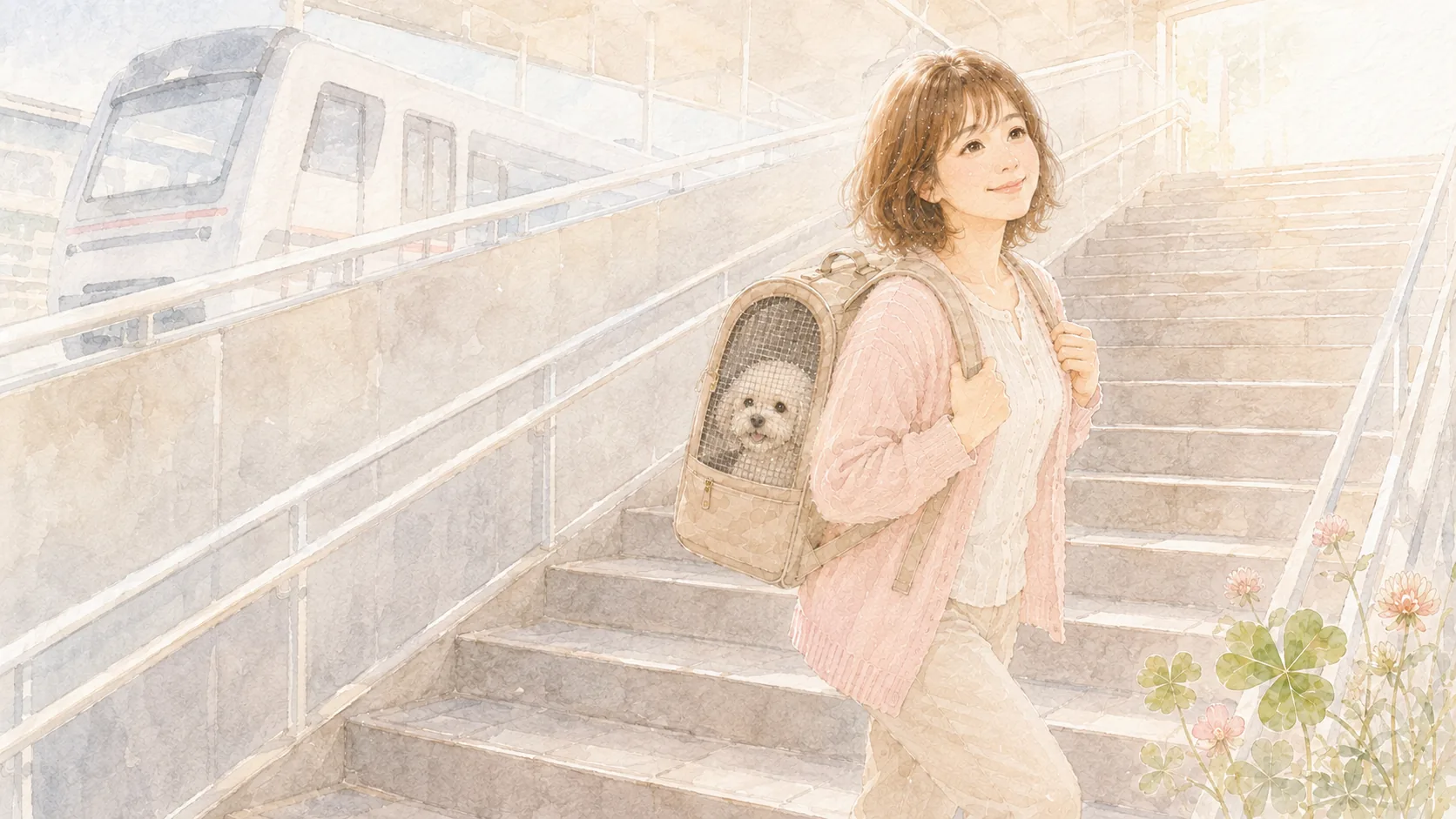 犬を入れたリュックキャリーを背負って、駅の階段をのぼる女性