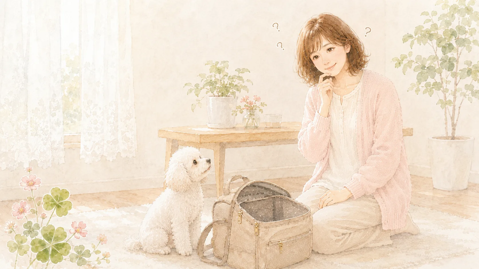 犬連れのおでかけについて考えこむ女性と、足元から見上げる白いトイプードル