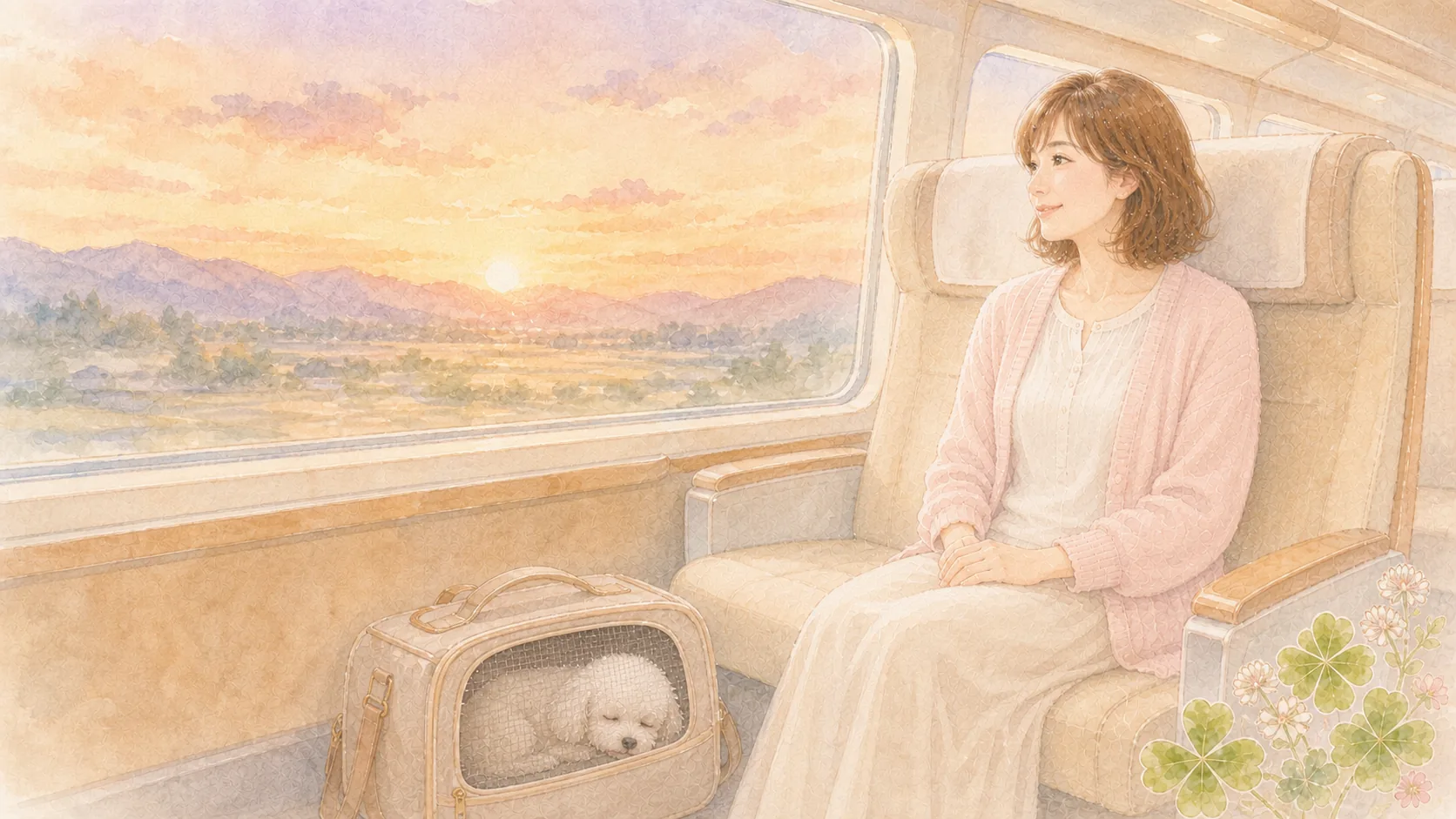 帰りの特急列車で夕焼け空をながめる女性と、足元のキャリーで眠る白いトイプードル