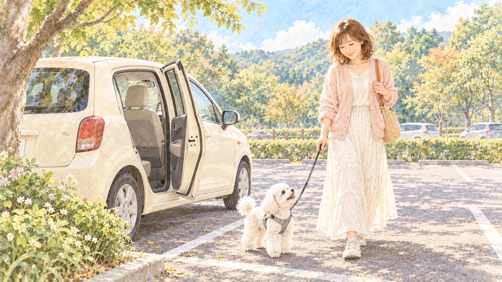 木立に囲まれた朝の駐車場で、車から降りて女性を見上げる白いトイプードル