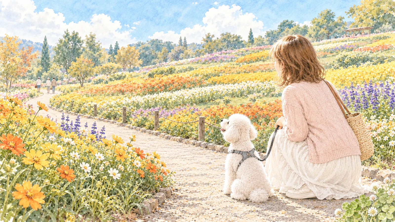丘に広がる秋の花畑を、小道にしゃがんで白いトイプードルと眺める女性