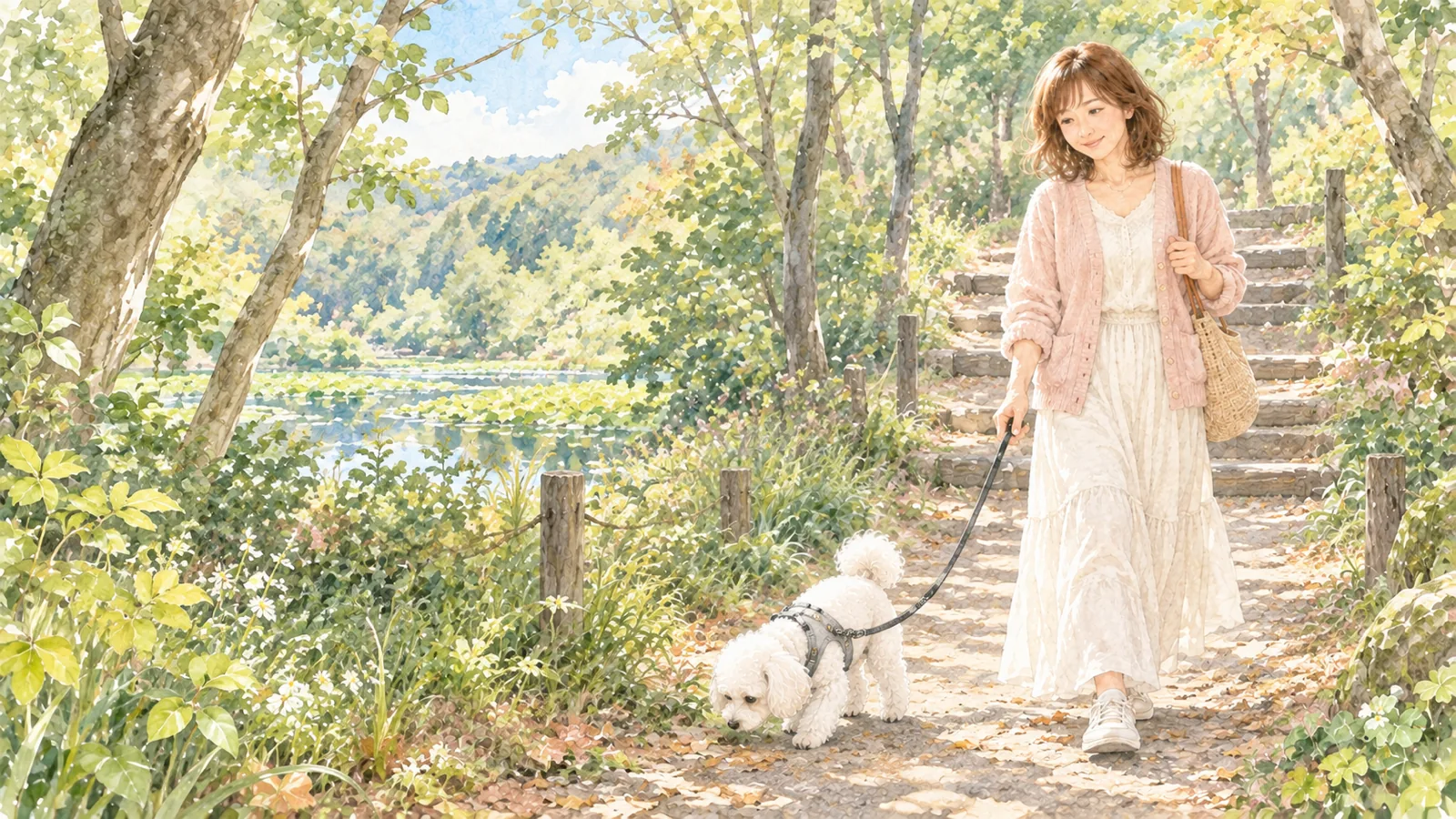 木漏れ日の森の散歩道で、においをかぎながら歩く白いトイプードルと女性