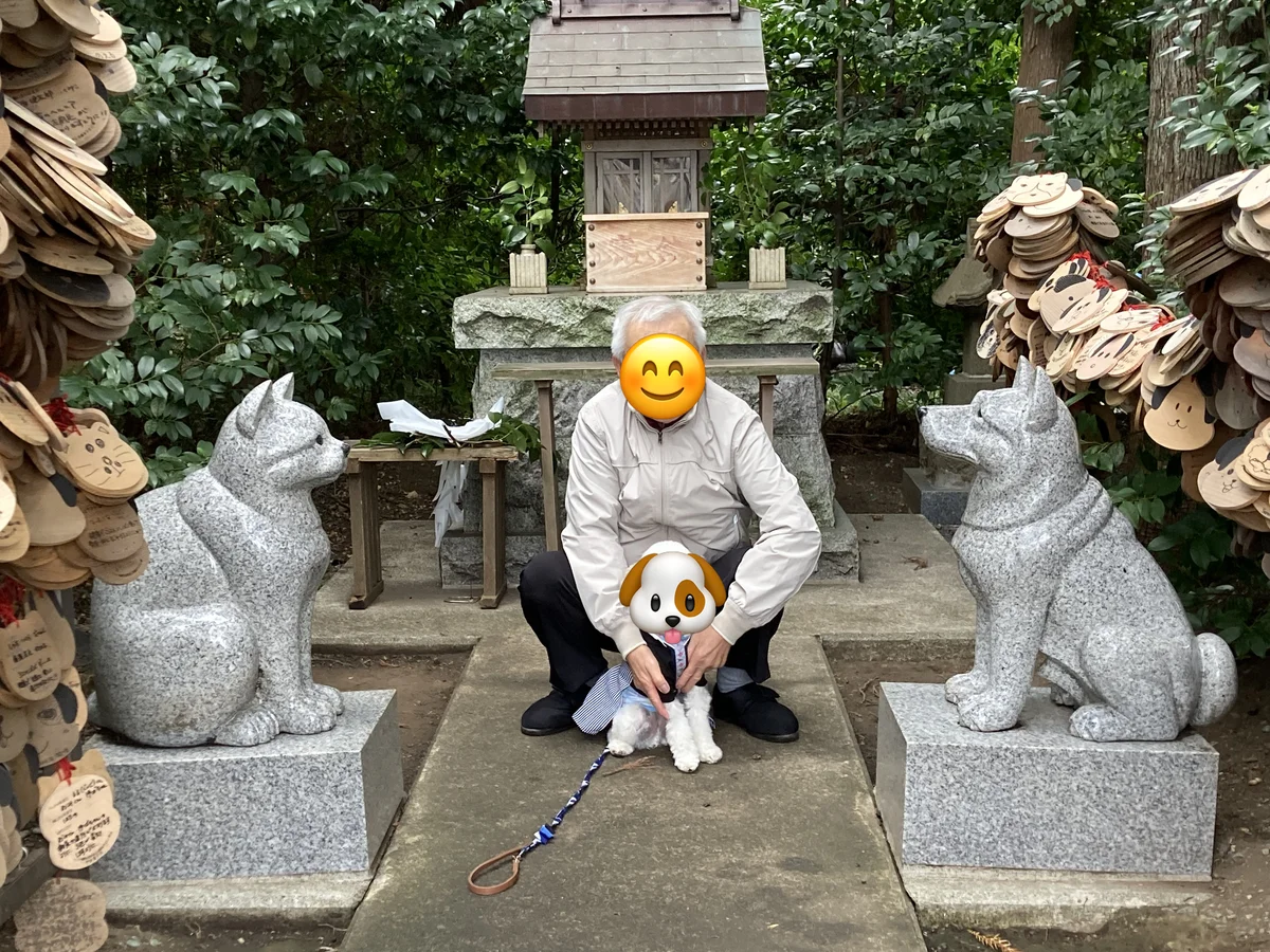 座間神社の犬猫神社(伊奴寝子社)。両脇に犬と猫の石像