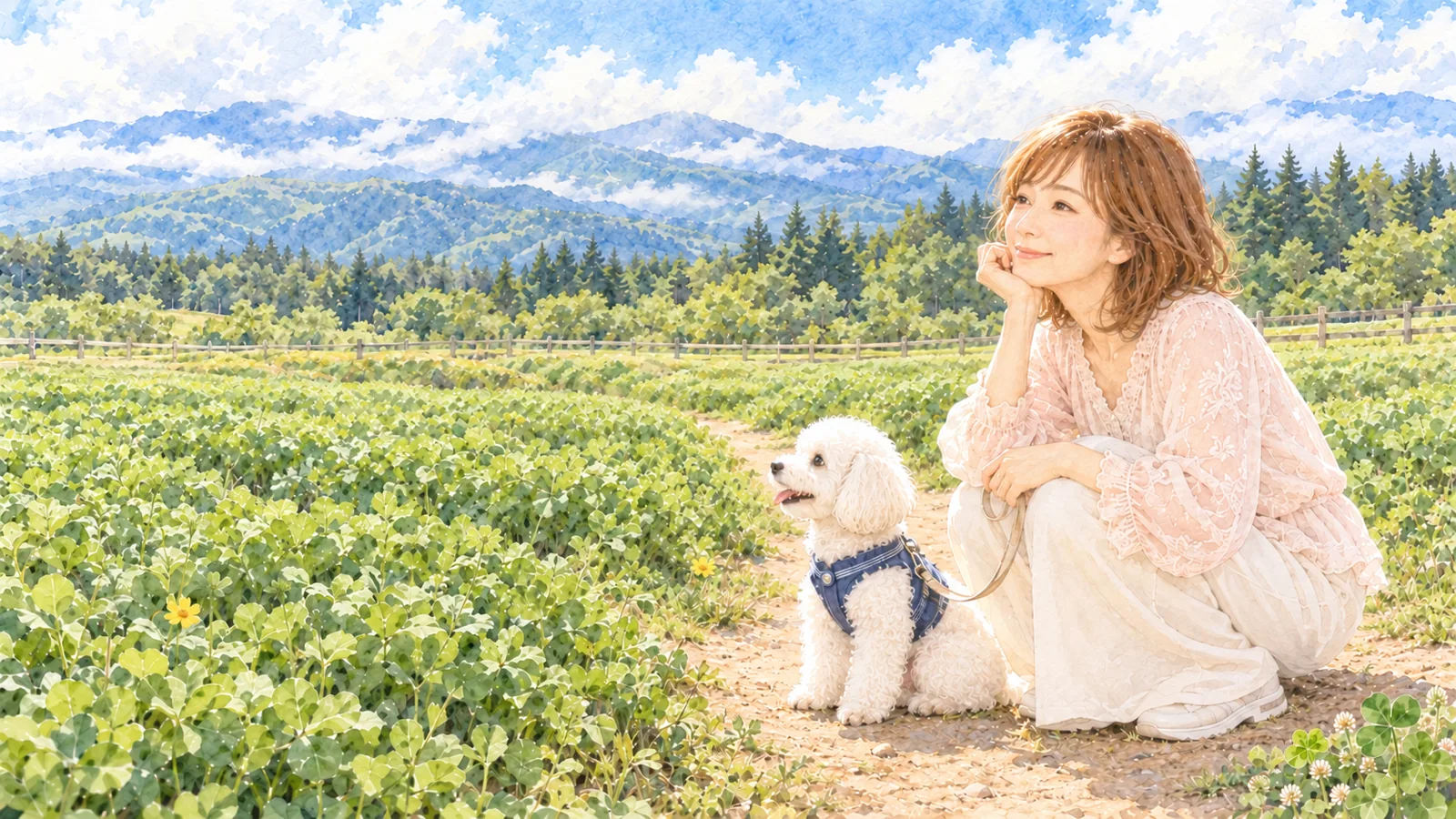 花の少ない秋の高原の花畑で、小道にしゃがんで白いトイプードルと並んで眺める女性