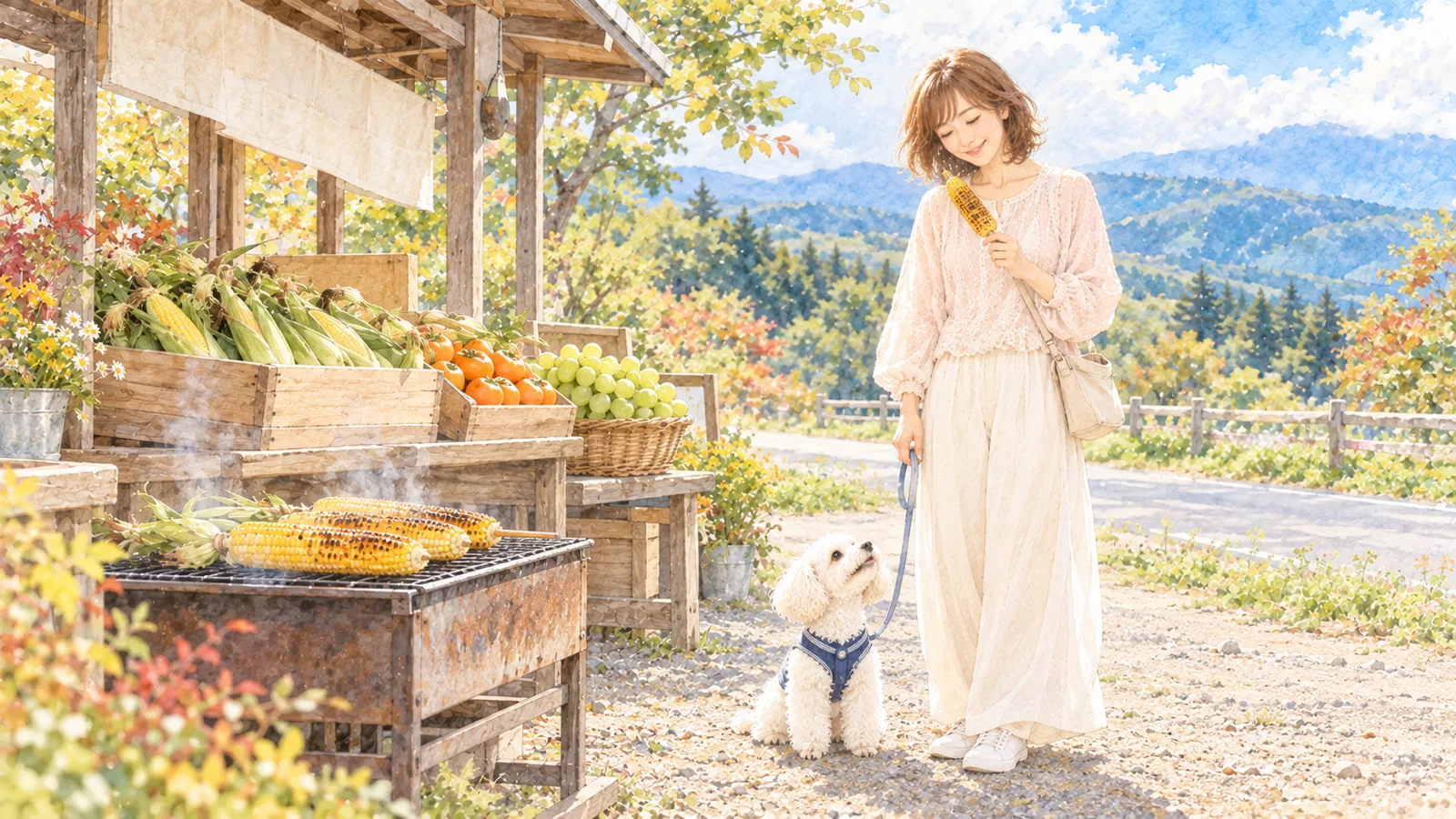 道ぞいの野菜直売所の前で、焼きとうもろこしを持つ女性と足もとの白いトイプードル