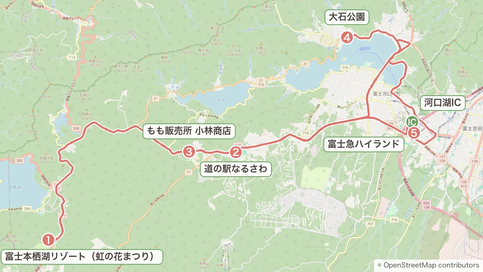 河口湖ICから富士本栖湖リゾート、道の駅なるさわ、もも販売所 小林商店、大石公園、富士急ハイランドを回ったルートの地図