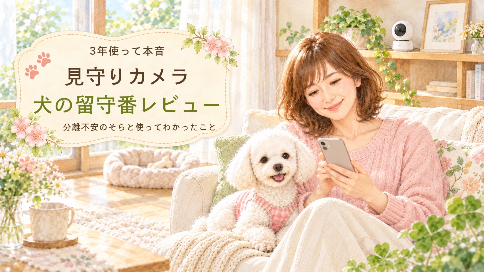 リビングのソファでスマホの見守りカメラの映像を見てほほえむ女性と、隣に座る白いトイプードル